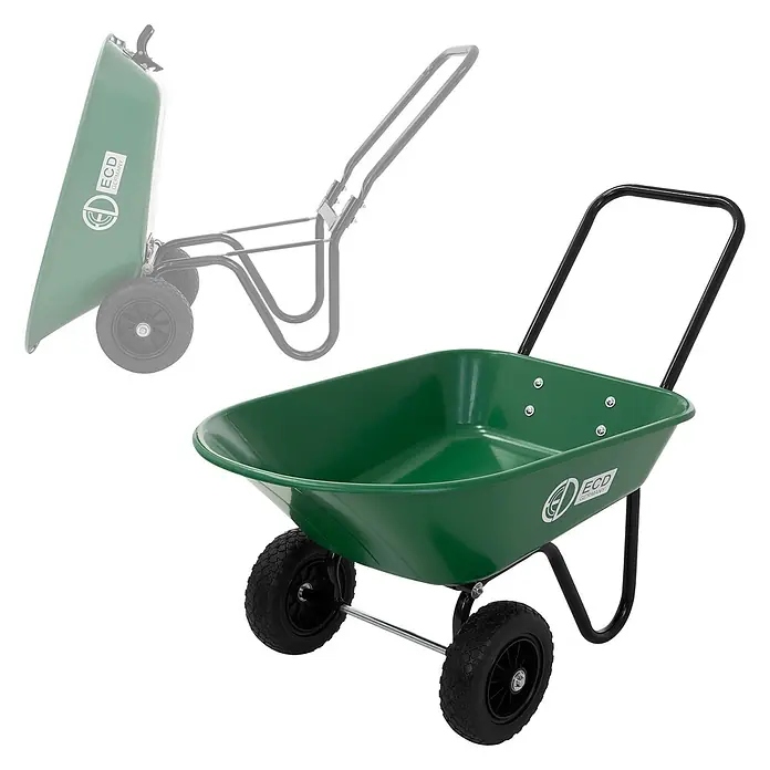 ECD Germany Gartenschubkarre Garden 78L Gartenwagen Gartenkarre mit Kippfunktion Bauschubkarre - 78 l, Material Wanne: Kunststoff - Grüne zweirädrige Garten-Schubkarre mit schwarzem Gestell und schwarzen Rädern.