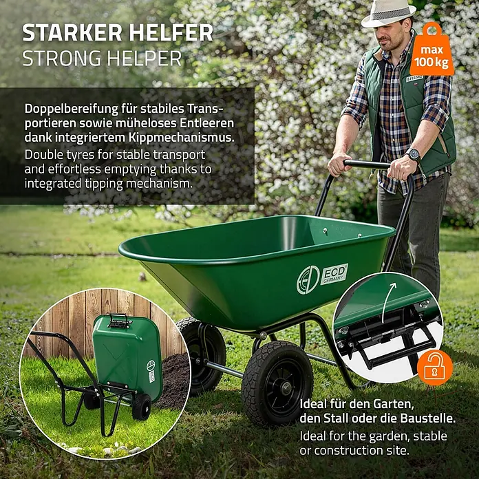 ECD Germany Gartenschubkarre Garden 78L Gartenwagen Gartenkarre mit Kippfunktion Bauschubkarre - 78 l, Material Wanne: Kunststoff - Grüner Schubkarren mit Doppelbereifung und Kippmechanismus für Garten, Stall, Baustelle. Max 100 kg.