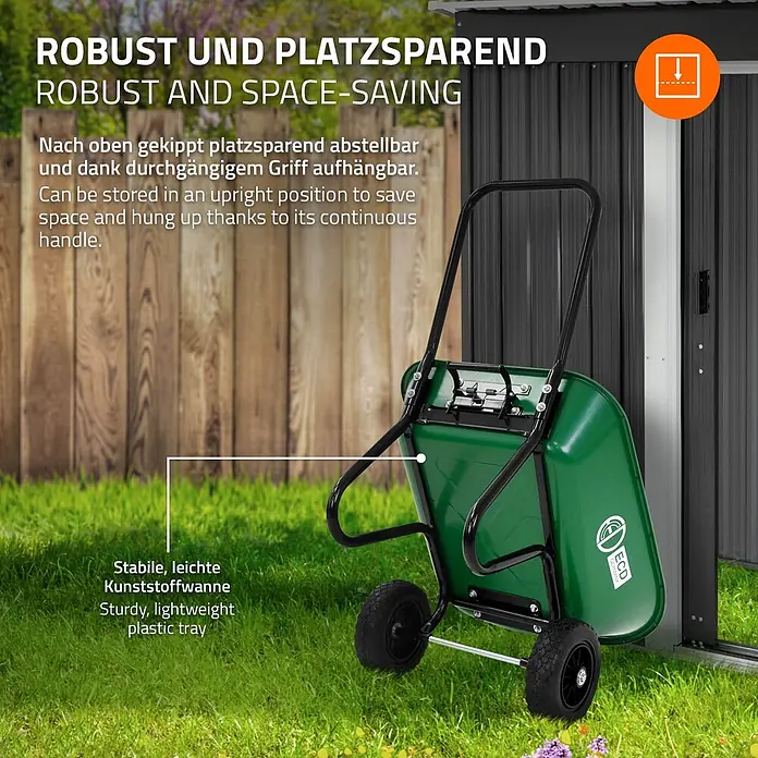 ECD Germany Gartenschubkarre Garden 78L Gartenwagen Gartenkarre mit Kippfunktion Bauschubkarre - 78 l, Material Wanne: Kunststoff - Grüner Gartenwagen mit schwarzem Rahmen und Rädern, platzsparend aufrecht an einer Hütte stehend. Robuste Kunststoffwanne für einfache Lagerung.