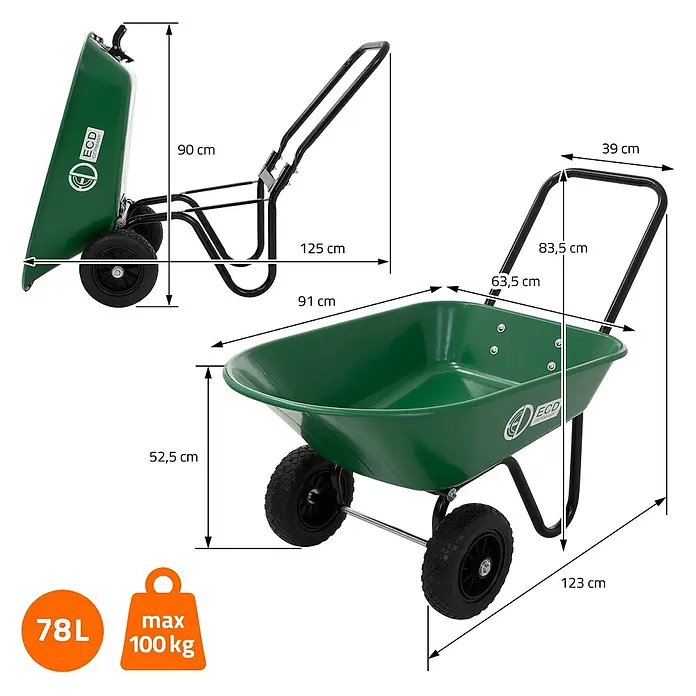 ECD Germany Gartenschubkarre Garden 78L Gartenwagen Gartenkarre mit Kippfunktion Bauschubkarre - 78 l, Material Wanne: Kunststoff - Grüner zweirädriger Schubkarren mit angezeigter Kapazität und Abmessungen.