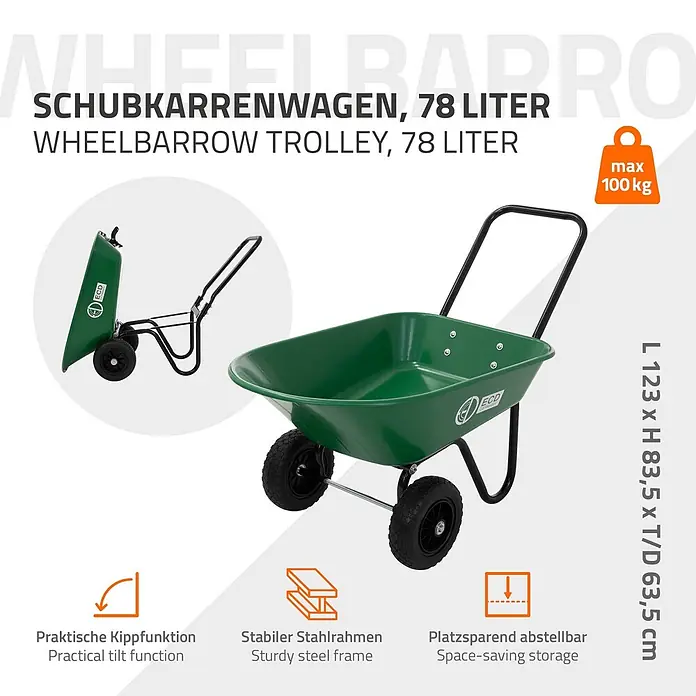 ECD Germany Gartenschubkarre Garden 78L Gartenwagen Gartenkarre mit Kippfunktion Bauschubkarre - 78 l, Material Wanne: Kunststoff - Grüne Schubkarre mit schwarzem Rahmen und zwei Rädern, aufrecht und gekippt dargestellt.