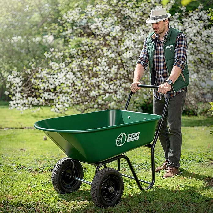 ECD Germany Gartenschubkarre Garden 78L Gartenwagen Gartenkarre mit Kippfunktion Bauschubkarre - 78 l, Material Wanne: Kunststoff - Mann schiebt eine grüne zweirädrige Schubkarre im Garten.