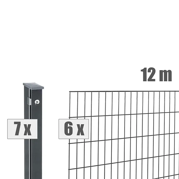 Deutsche Zauntechnik Zaun-Set Pi - Breite: 12 m, Höhe: 1,01 m, Anthrazitgrau - Dunkles Metallzaunsystem mit 7 Pfosten, 6 Feldern und einer Gesamtlänge von 12m, mit Mengenanzeige.