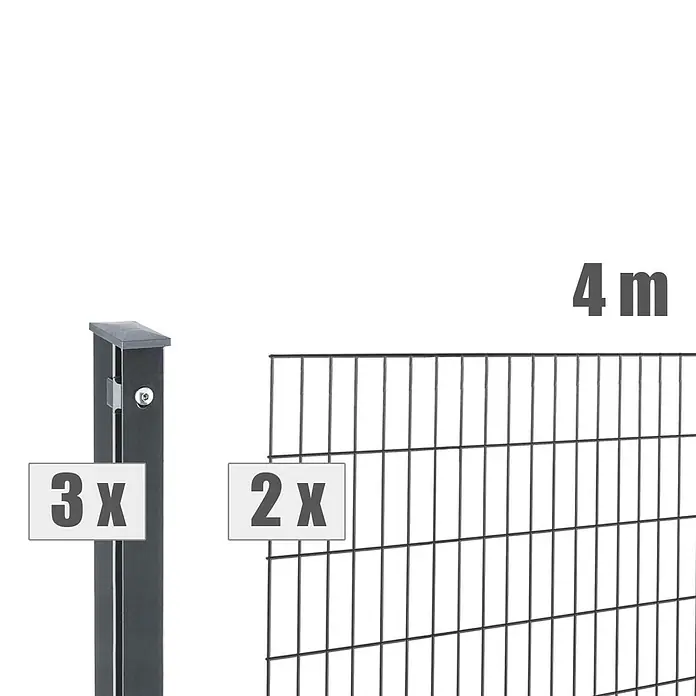 Deutsche Zauntechnik Zaun-Set Pi - Breite: 4 m, Höhe: 1,01 m, Anthrazitgrau - Dunkelgraue Metallzaunelemente: 3 Pfosten und 2 Drahtgitterzäune, je 4m lang.