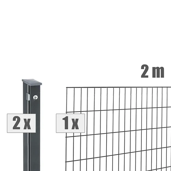 Deutsche Zauntechnik Zaun-Set Pi - Breite: 2 m, Höhe: 0,81 m, Anthrazitgrau - Schwarzer Metallzaunpfosten (2x) und Drahtgitterzaunfeld (1x), 2m hoch.
