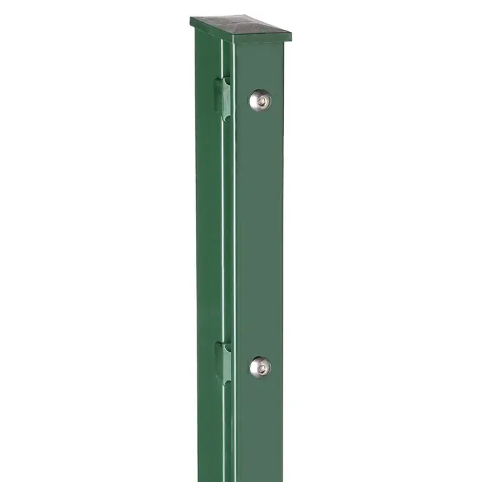 Deutsche Zauntechnik Zaunpfosten Vap - Höhe: 150 cm, Moosgrün, Stahl - Grüner Metallzaunpfosten mit schwarzer Kappe und zwei sichtbaren Befestigungsschrauben.