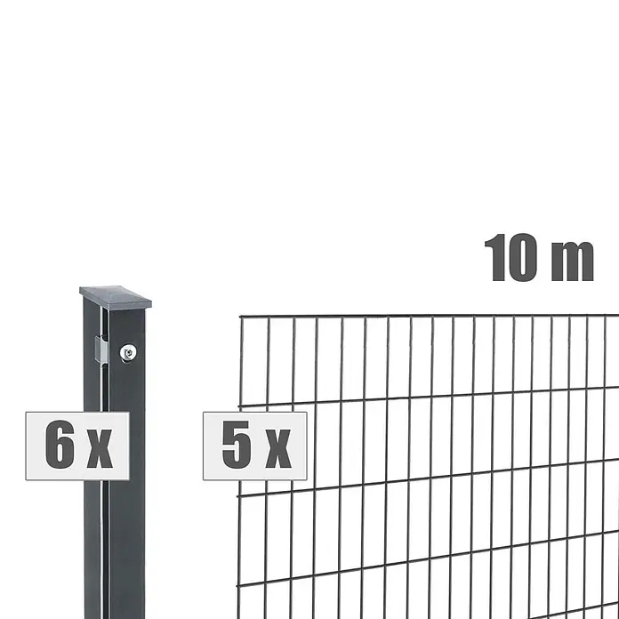 Deutsche Zauntechnik Zaun-Set Pi - Breite: 10 m, Höhe: 1,01 m, Anthrazitgrau - Dunkelgraues Zaun-Set mit 6 Pfosten, 5 Gittermatten, für 10 Meter Gesamtlänge.