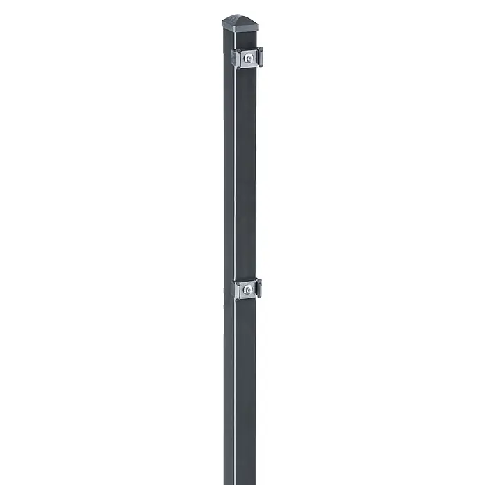 Deutsche Zauntechnik Zaunpfosten Vp - Höhe: 130 cm, Anthrazitgrau, Stahl - Dunkelgrauer Vierkant-Zaunpfosten mit Kappe und zwei Metallklemmen.