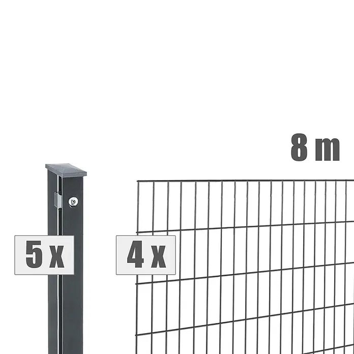 Deutsche Zauntechnik Zaun-Set Pi - Breite: 8 m, Höhe: 1,21 m, Anthrazitgrau - Dunkelgraues Metallzaun-Set: 5 Pfosten, 4 Gittermatten, 8 m Gesamtlänge.