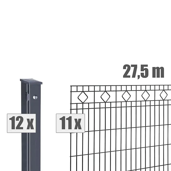 Deutsche Zauntechnik Zaun-Set Barcelona - Breite: 27,5 m, Höhe: 0,83 m, Anthrazitgrau - Dunkelgraues Zaunset mit 12 Pfosten, 11 Paneelen und 27,5m Gesamtlänge.
