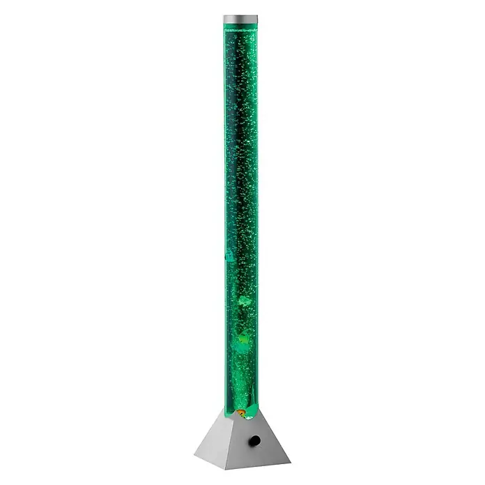 Reality LED-Stehleuchte Motion - 3,5 W, Höhe: 130 cm, Bunt, RGB - Das Bild zeigt eine grüne Bubblesäule mit silberner Basis. Die Lichtsäule ist mit kleinen Bläschen gefüllt und sorgt für eine beruhigende Atmosphäre.