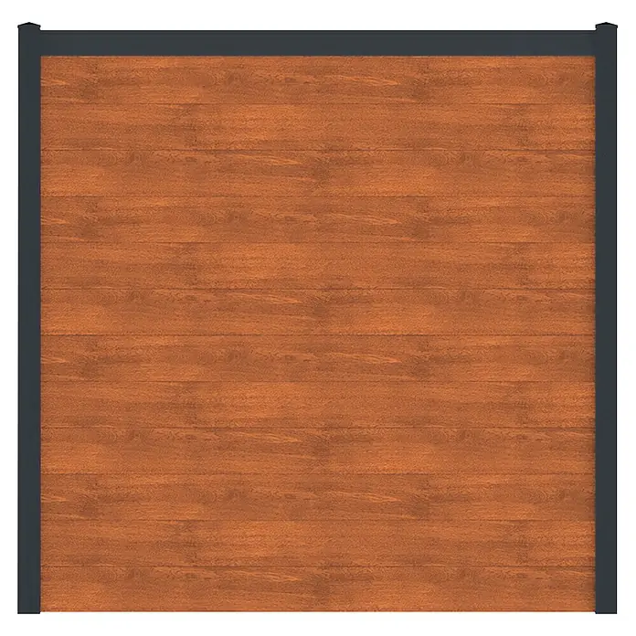 Deutsche Zauntechnik Zaun-Set Vidual Snap - 35,45 x 1,77 m, Light Oak - Rechteckiges Zaunpaneel mit horizontalen rotbraunen Holzlatten und einem dunkelgrauen Rahmen.