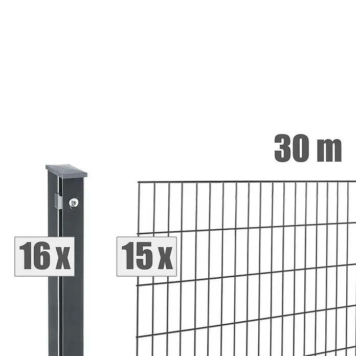 Deutsche Zauntechnik Zaun-Set Pi - Breite: 30 m, Höhe: 0,81 m, Anthrazitgrau - Dunkelgraues Zaunset für 30m: 16 Pfosten und 15 Drahtgitterelemente.