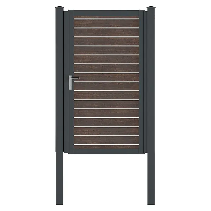 Deutsche Zauntechnik Zauntor Vidual Swing Pure - Dark Oak, Rechtsanschlag - Moderne dunkelbraune Lamellentür mit dunkelgrauem Rahmen und silbernem Griff.