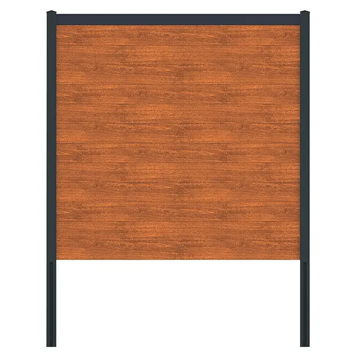 Deutsche Zauntechnik Zaun-Set Vidual Snap - 1,84 x 1,77 m, Light Oak - Braunes Sichtschutzelement in Holzoptik mit dunkelgrauem Rahmen und Pfosten.