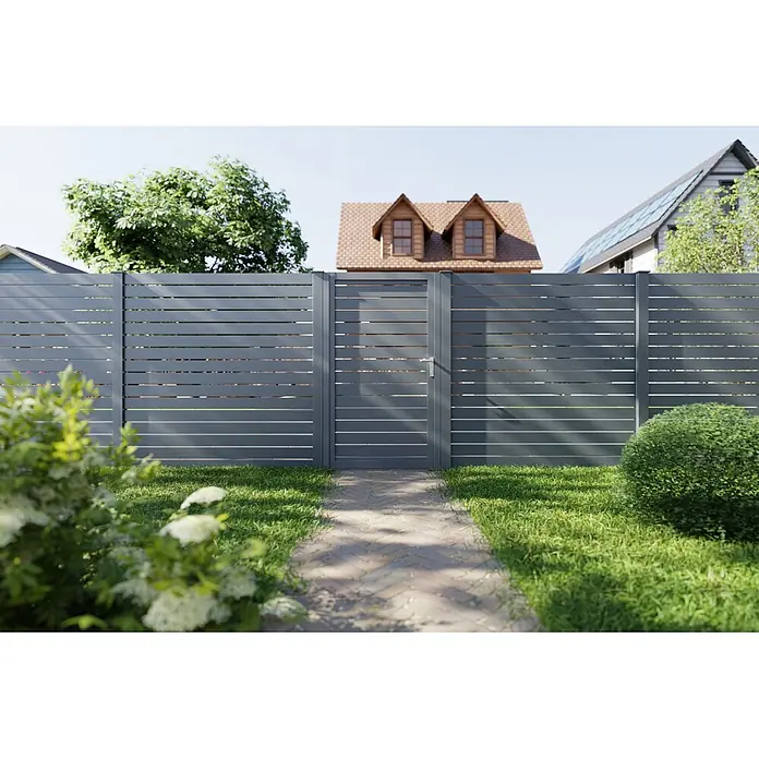 Deutsche Zauntechnik Zauntor Vidual Swing Pure - B x H: 104 cm x 1,76 m, Anthrazitgrau, Linksanschlag - Moderner grauer Lattenzaun mit Tor, der Privatsphäre für einen Hauseingang bietet.