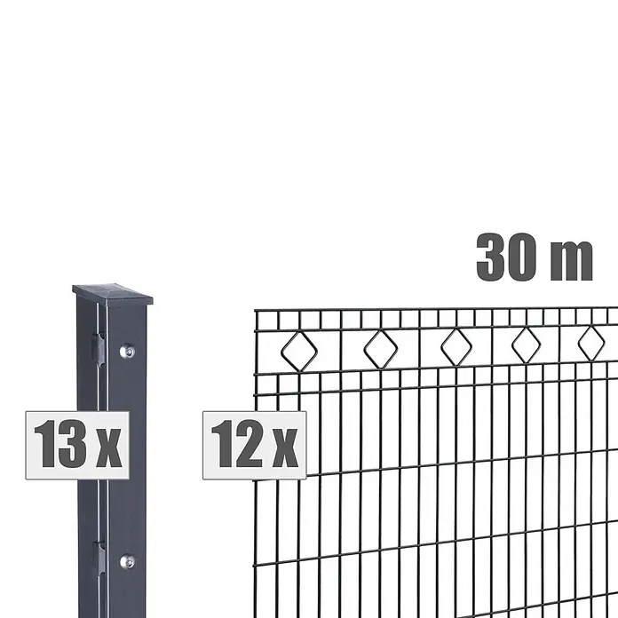 Deutsche Zauntechnik Zaun-Set Barcelona - Breite: 30 m, Höhe: 1,03 m, Anthrazitgrau - Dunkles Metall-Gartenzaun-Set für 30m Länge, inklusive 13 Pfosten und 12 Zaunpaneele.