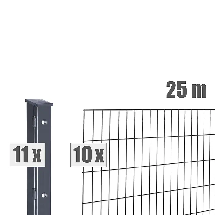Deutsche Zauntechnik Zaun-Set Moritz - Breite: 25 m, Höhe: 1,83 m, Anthrazitgrau - Anthrazit Zaunset: 10 Zaunmatten, 11 Pfosten, 25m Gesamtlänge.