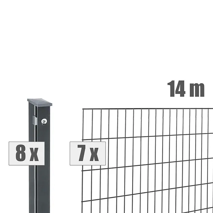 Deutsche Zauntechnik Zaun-Set Pi - Breite: 14 m, Höhe: 1,01 m, Anthrazitgrau - Dunkelgrauer Zaunpfosten und schwarzes Drahtzaunfeld mit 8x, 7x und 14m Beschriftungen, als Zaunset.