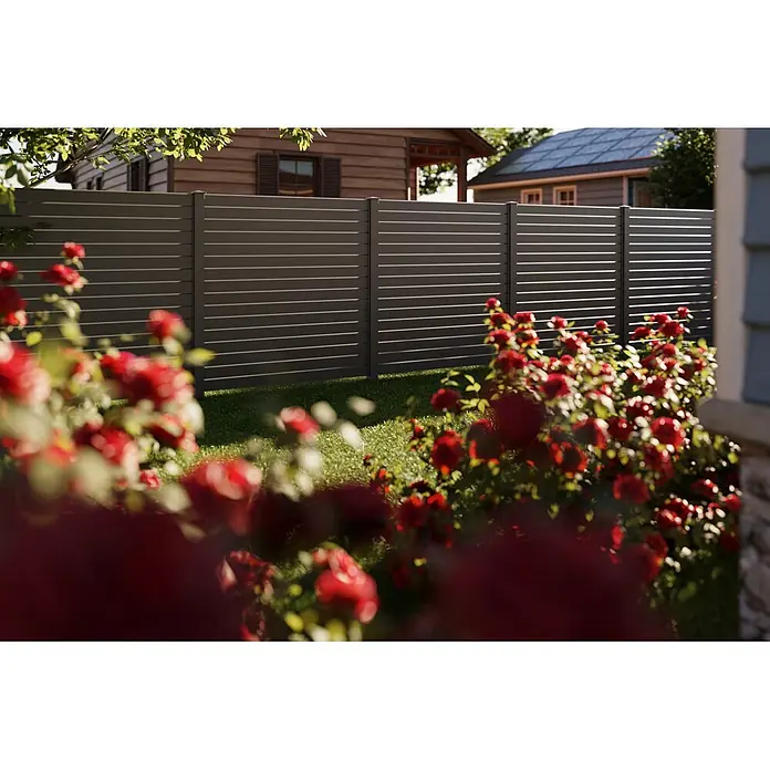 Deutsche Zauntechnik Zaun-Set Vidual Pure - B x H: 33,68 x 1,76 m, Dark Oak - Dunkelgrauer Lamellenzaun bietet Sichtschutz im Garten.