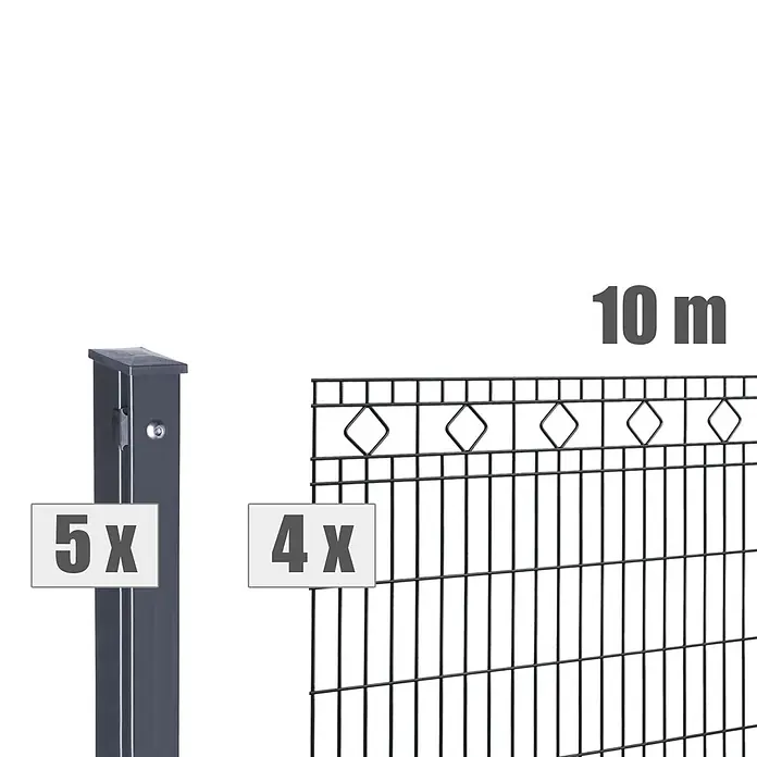 Deutsche Zauntechnik Zaun-Set Barcelona - Breite: 10 m, Höhe: 1,23 m, Anthrazitgrau - Dunkelgraues Metallzaun-Set mit 5 Pfosten und 4 Drahtgittern, 10 Meter lang.