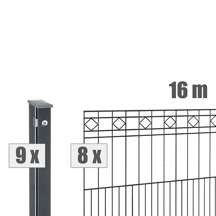 Deutsche Zauntechnik Zaun-Set Turin - Breite: 16 m, Höhe: 0,81 m, Anthrazitgrau - Dunkles Metallzaun-Set mit 9 Pfosten und 8 Paneelen, insgesamt 16m lang.