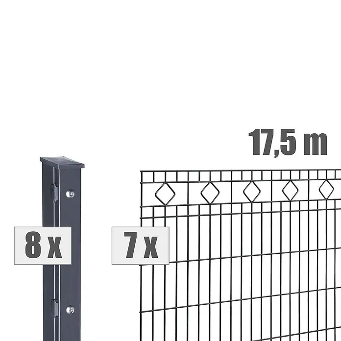 Deutsche Zauntechnik Zaun-Set Barcelona - Breite: 17,5 m, Höhe: 1,03 m, Anthrazitgrau - Dunkelgraues Zaunset mit 8 Pfosten und 7 Paneelen für 17,5 m Zaunlänge.