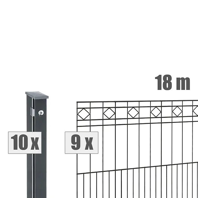 Deutsche Zauntechnik Zaun-Set Turin - Breite: 18 m, Höhe: 1,01 m, Anthrazitgrau - Dunkelgraue Zaunpfosten und schwarze Metallzaunfelder (9 Stück für 18 m), komplett mit 10 Pfosten.
