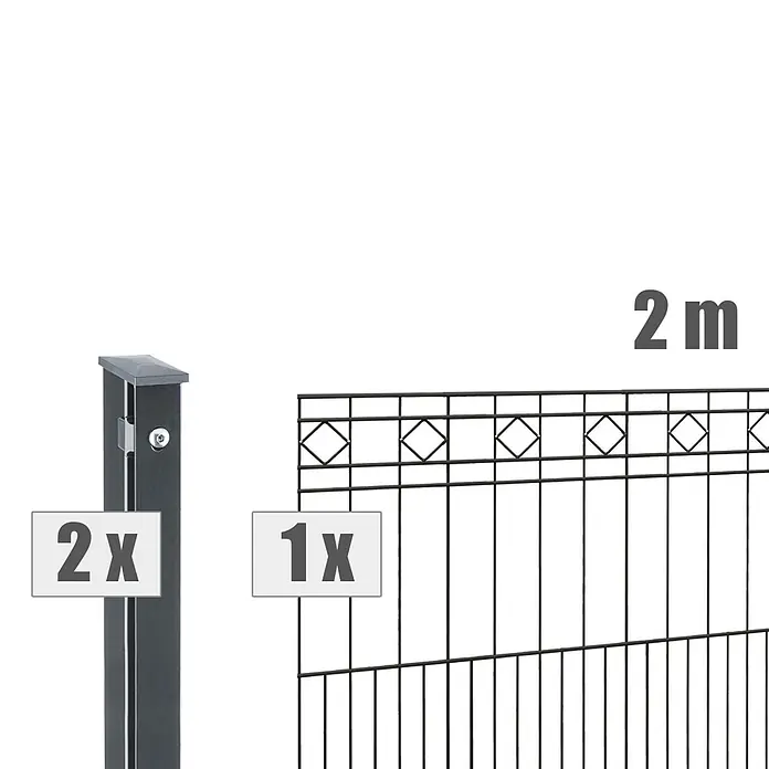 Deutsche Zauntechnik Zaun-Set Turin - Breite: 2 m, Höhe: 0,81 m, Anthrazitgrau - Zaunset: 2 dunkelgraue Pfosten und 1 schwarzes Metallzaunfeld mit Dekorausschnitten, 2m breit.