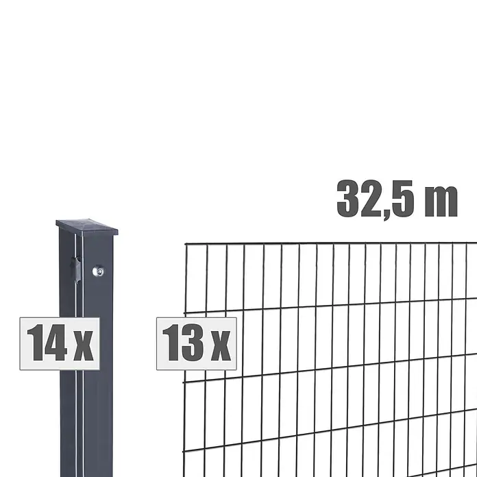 Deutsche Zauntechnik Zaun-Set Max - Breite: 32,5 m, Höhe: 1,23 m, Anthrazitgrau - Dunkles Metallzaunset mit 14 Pfosten und 13 Elementen für 32,5 m Länge.