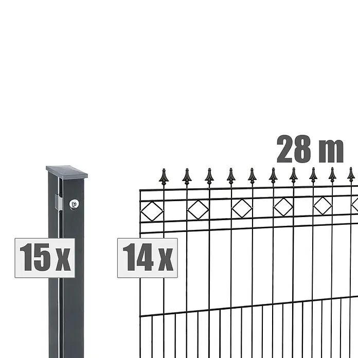 Deutsche Zauntechnik Zaun-Set Rimini - Breite: 28 m, Höhe: 1,11 m, Anthrazitgrau - Dunkles Metallzaun-Set mit 15 Pfosten, 14 Zaunfeldern und 28 m Gesamtlänge.