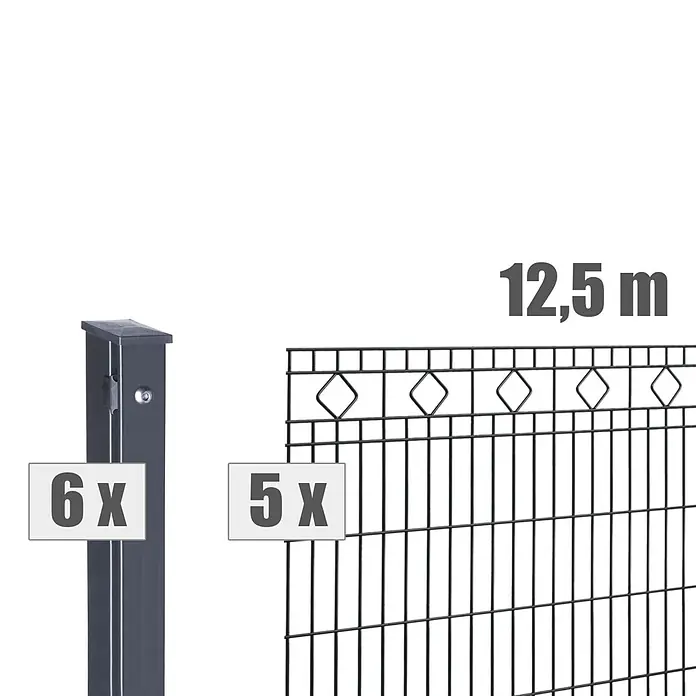 Deutsche Zauntechnik Zaun-Set Barcelona - Breite: 12,5 m, Höhe: 0,83 m, Anthrazitgrau - Dunkelgraues Metallzaun-Set mit 6 Pfosten und 5 Zaunfeldern, insgesamt 12,5 Meter.