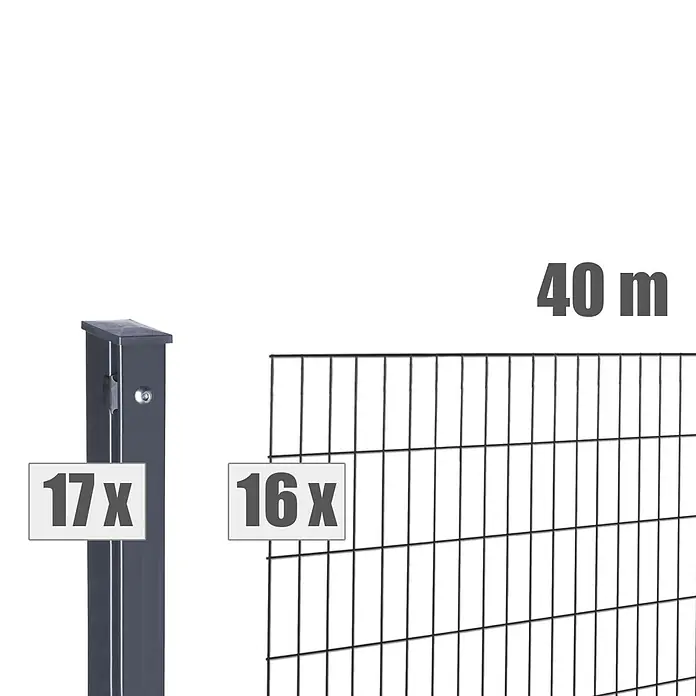 Deutsche Zauntechnik Zaun-Set Max - Breite: 40 m, Höhe: 1,83 m, Anthrazitgrau - Dunkelgrauer Zaunpfosten und schwarzes Drahtgitterfeld, Teil eines 40m Zaun-Sets (17 Pfosten, 16 Felder).