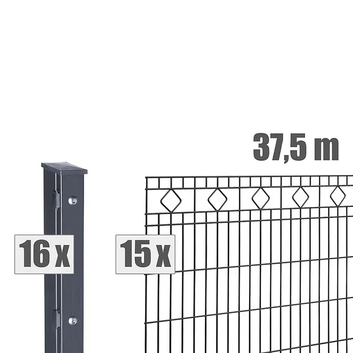 Deutsche Zauntechnik Zaun-Set Barcelona - Breite: 37,5 m, Höhe: 1,03 m, Anthrazitgrau - Zaunset: 16 Pfosten, 15 Zaunfelder, für 37,5 m Gesamtlänge.