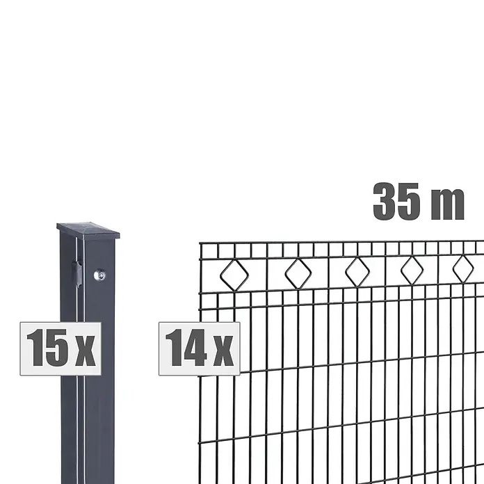 Deutsche Zauntechnik Zaun-Set Barcelona - Breite: 35 m, Höhe: 0,83 m, Anthrazitgrau - Dunkelgraues Metallzaun-Set mit 15 Pfosten, 14 Paneelen für 35m Länge.