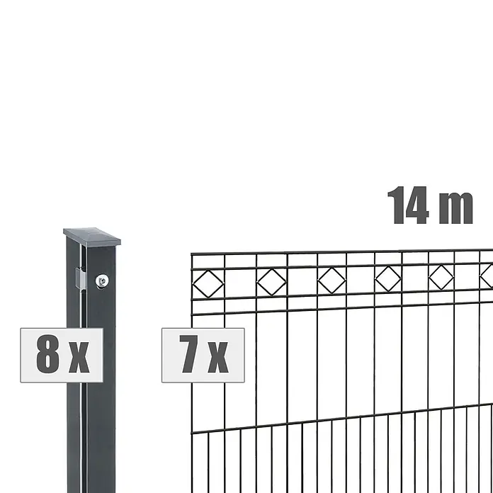 Deutsche Zauntechnik Zaun-Set Turin - Breite: 14 m, Höhe: 0,81 m, Anthrazitgrau - Dunkelgrauer Zaunpfosten (8x) und schwarze Metallzaunfelder (7x) mit Zierelementen für 14m Zaun.