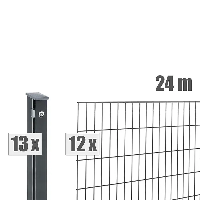 Deutsche Zauntechnik Zaun-Set Pi - Breite: 24 m, Höhe: 0,81 m, Anthrazitgrau - 13 dunkelgraue Zaunpfosten und 12 dunkelgraue Zaunfelder für ein 24m Zaunsystem.