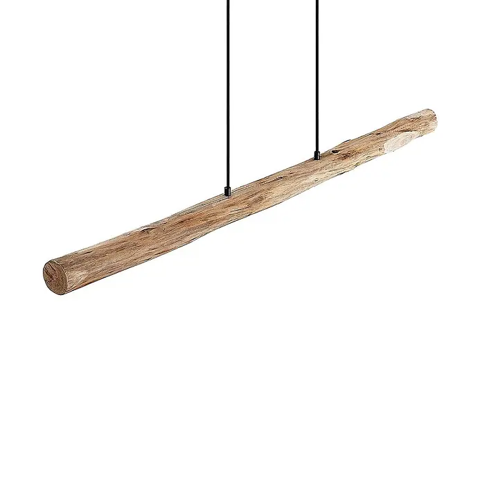 Lindby Pendelleuchte Nekala - L x B x H: 120 x 6 x 5,5 cm, Holz hell, Schwarz matt, Holz - Hängeleuchte aus Treibholz, ein natürlicher Holzbalken an zwei schwarzen Kabeln aufgehängt.
