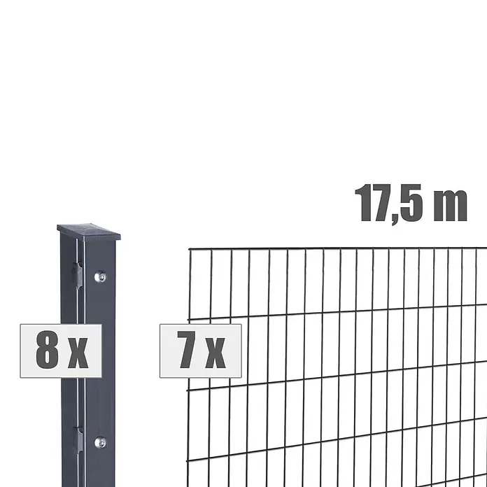 Deutsche Zauntechnik Zaun-Set Max - Breite: 17,5 m, Höhe: 1,03 m, Anthrazitgrau - Zaunset mit 8 dunkelgrauen Pfosten und 7 schwarzen Gittermatten für 17,5 m Länge.