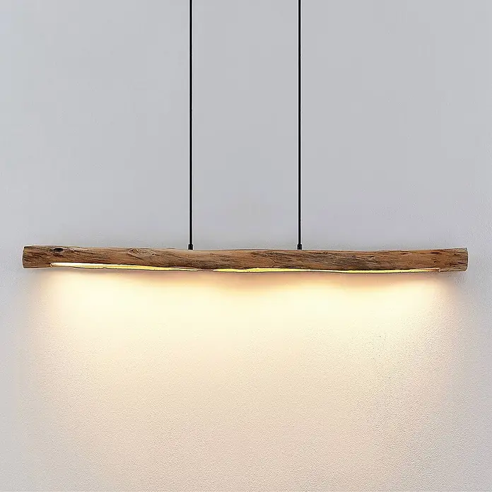 Lindby Pendelleuchte Nekala - L x B x H: 120 x 6 x 5,5 cm, Holz hell, Schwarz matt, Holz - Lineare Pendelleuchte aus Holz mit integriertem LED-Streifen, der warmes Licht nach unten abgibt.