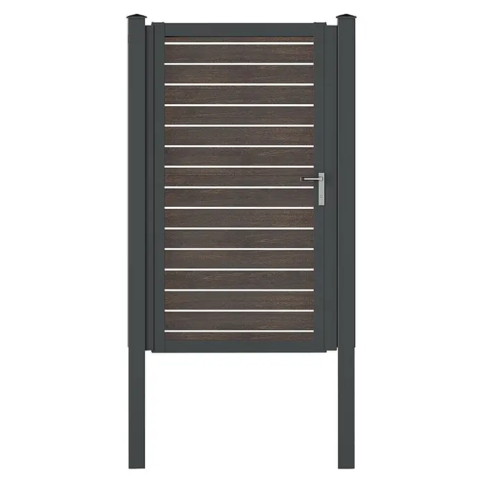 Deutsche Zauntechnik Zauntor Vidual Swing Pure - Dark Oak, Linksanschlag - Dunkelgrau gerahmtes Gartentor mit dunkelbraunen horizontalen Lamellen und silbernem Griff.