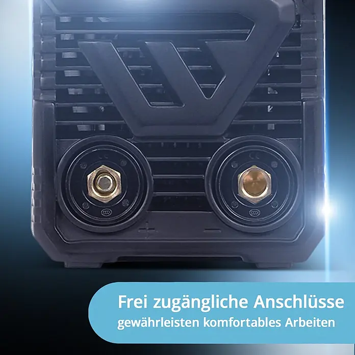 STAHLWERK Elektrodenschweißgerät ARC 200 MD Digital Vollausstattung + Werkzeug- und Gerätewagen -  - Vorderansicht eines dunkelgrauen Elektronikgeräts mit 'W'-Logo und zwei leicht zugänglichen, messingfarbenen Sechskantanschlüssen.