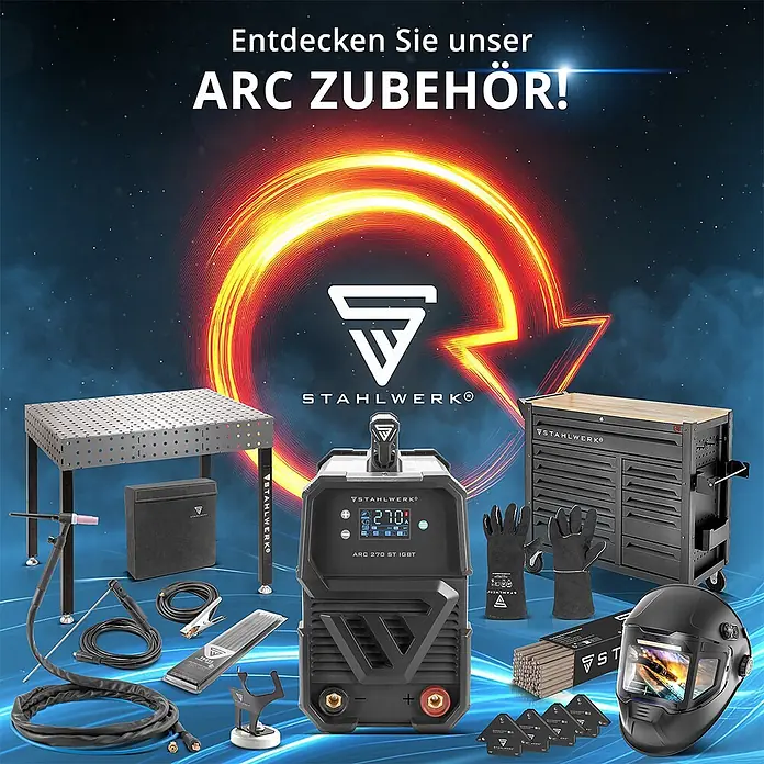 STAHLWERK Elektrodenschweißgerät ARC 200 MD Digital Vollausstattung + Werkzeug- und Gerätewagen -  - Schwarze Stahlwerk ARC Schweißmaschine mit Schweißzubehör wie Arbeitstisch, Werkzeugschrank, Helm und Handschuhen.