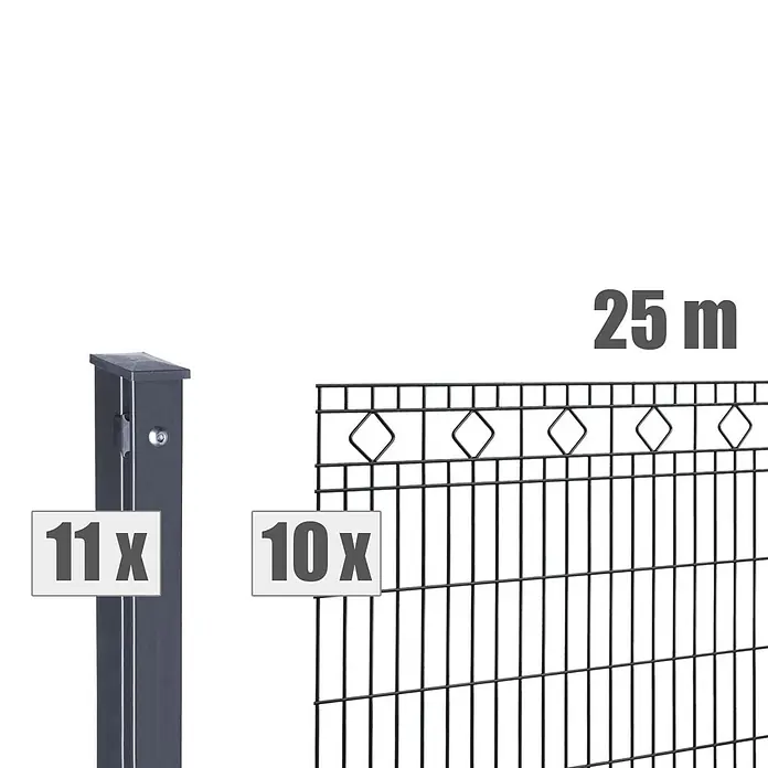 Deutsche Zauntechnik Zaun-Set Barcelona - Breite: 25 m, Höhe: 0,83 m, Anthrazitgrau - Dunkelgraues Zaunset mit 11 Pfosten und 10 Paneelen für insgesamt 25 Meter Länge.