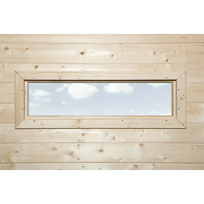 Weka Fenster-Element - 97 x 33 cm, Passend für: Weka Gartenlaube Singen - Holzwand mit länglichem Fenster, das den blauen Himmel mit Wolken zeigt. Die Fenster bieten einen Ausblick auf die Natur.