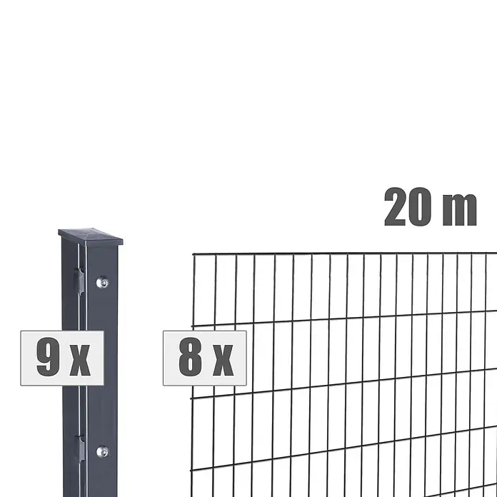 Deutsche Zauntechnik Zaun-Set Max - Breite: 20 m, Höhe: 1,63 m, Anthrazitgrau - Dunkelgraues Metallzaunset mit 9 Pfosten und 8 Feldern für einen 20m Zaun.