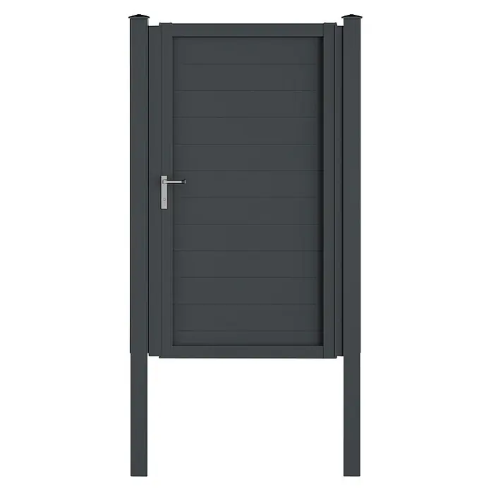 Deutsche Zauntechnik Zauntor Vidual Swing Snap - 1,04 x 1,75 m, Anthrazitgrau, Aluminium - Dunkelgraues Gartentor mit horizontalen Lamellen und silbernem Griff.