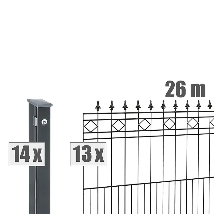 Deutsche Zauntechnik Zaun-Set Rimini - Breite: 26 m, Höhe: 1,11 m, Anthrazitgrau - Zaun-Set mit 14 dunkelgrauen Pfosten und 13 schwarzen Zierzaunfeldern für insgesamt 26 m Länge.