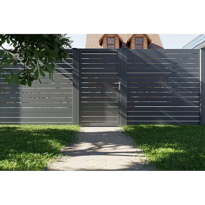 Deutsche Zauntechnik Zauntor Vidual Swing Pure - B x H: 104 cm x 1,76 m, Anthrazitgrau, Linksanschlag - Moderner dunkelgrauer Lamellen-Gartenzaun mit integriertem Tor und Griff, von außen mit einem Weg davor.