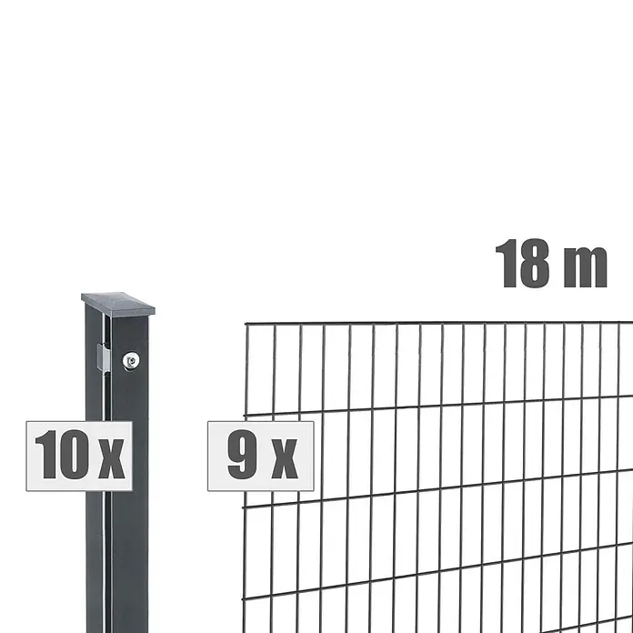 Deutsche Zauntechnik Zaun-Set Pi - Breite: 18 m, Höhe: 1,01 m, Anthrazitgrau - Dunkelgraues Metallzaun-Set mit 10 Pfosten und 9 Paneelen, für insgesamt 18 Meter Länge.